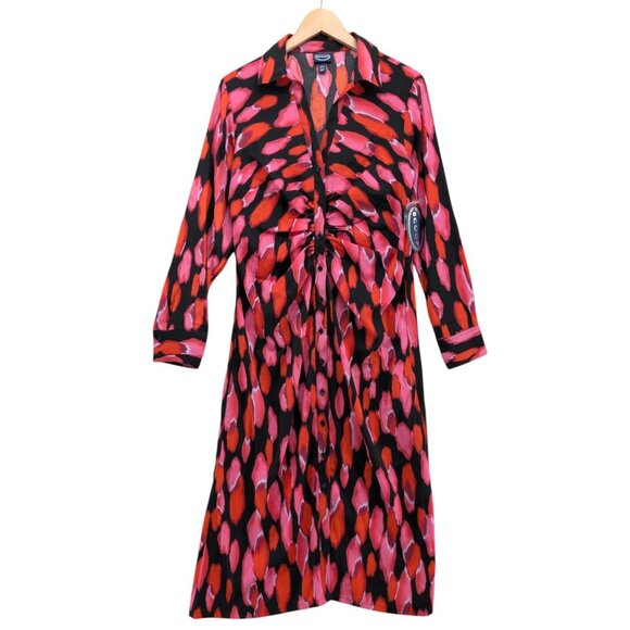 SCOOP Midi Shirt Dress Multicolor Long Sleeve Ruched Button Front Size L - Picture 1 of 12